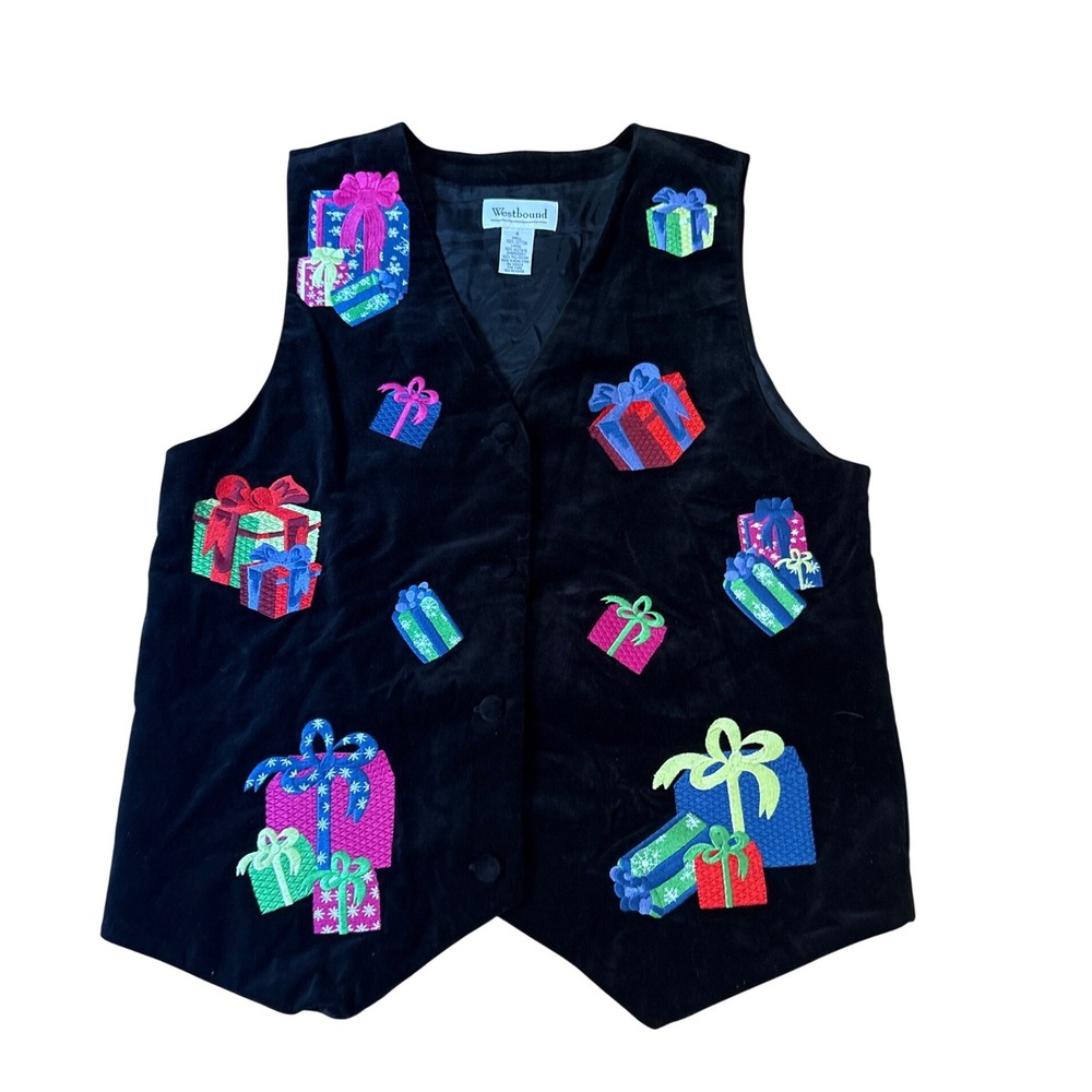 Westbound Holiday Vest Women Black Velvet Embroidered Christmas Gift SIZE S